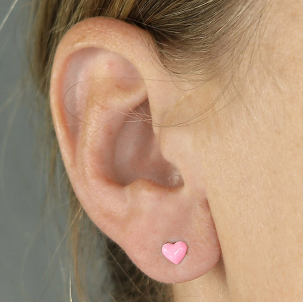 Pink Enamel Heart Stud Earrings