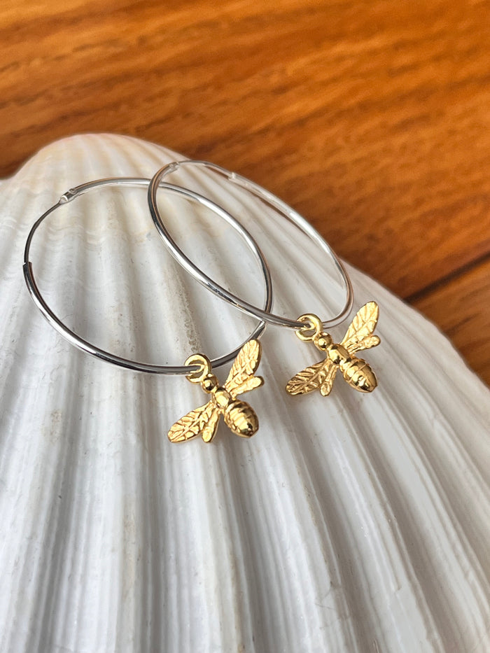 Gold Plate Bee Hoop Earrings