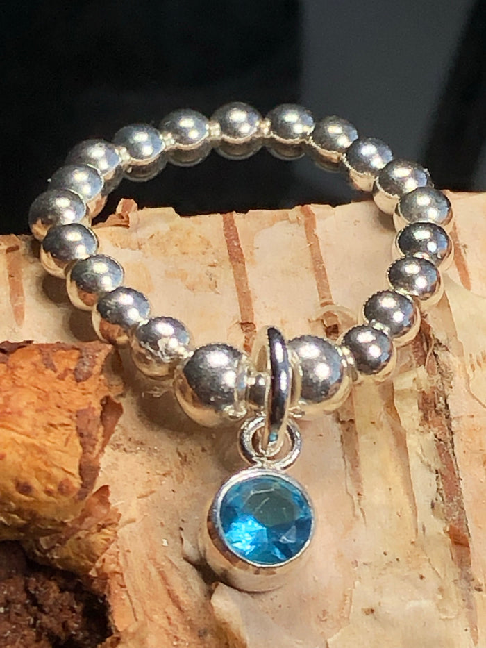 Birthstone March Aqua Crystal Bead Ring